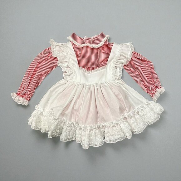 Vintage MINI WORLD Red & White Pinafore Party Dress size L 9-12 Mo Full Skirt - Picture 1 of 10